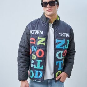 Men’s Black & Blue Bate Typography Oversized Puffer Jacket
