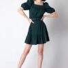 Green Square Neck Puff Sleeve Belted Dress