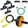 De Jure Fitness Dual Wheel Abs Roller With Pushup Bar Stand, Skipping Rope, Single Toning Resistance Tube Home