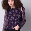 Purple Floral Boat Neck Tie Up Blouse