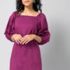 Plum Poplin Puff Sleeve Back Tie Dress