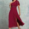 Maroon Embellished Waist Maxi Dress