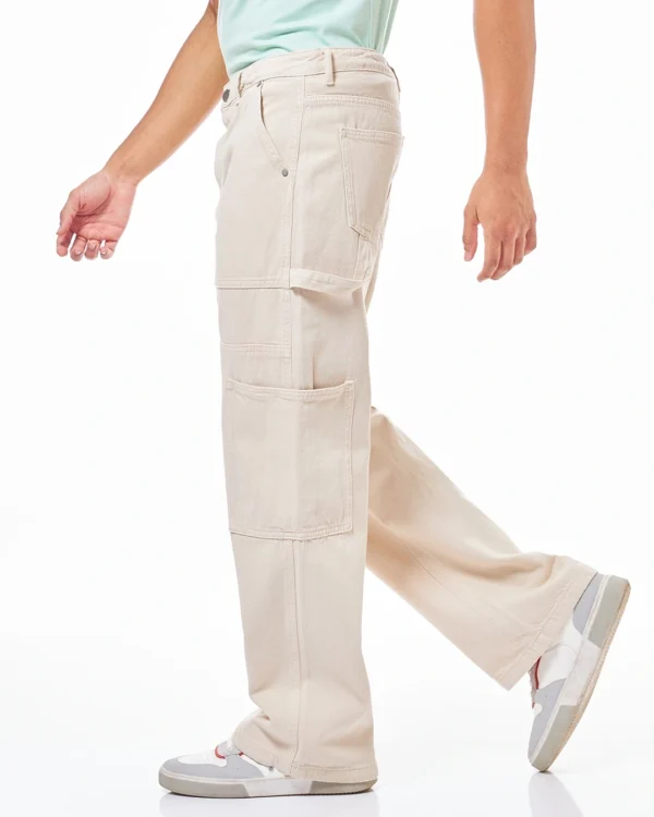 Men’s Beige Straight Fit Cargo Carpenter Jeans - Image 2